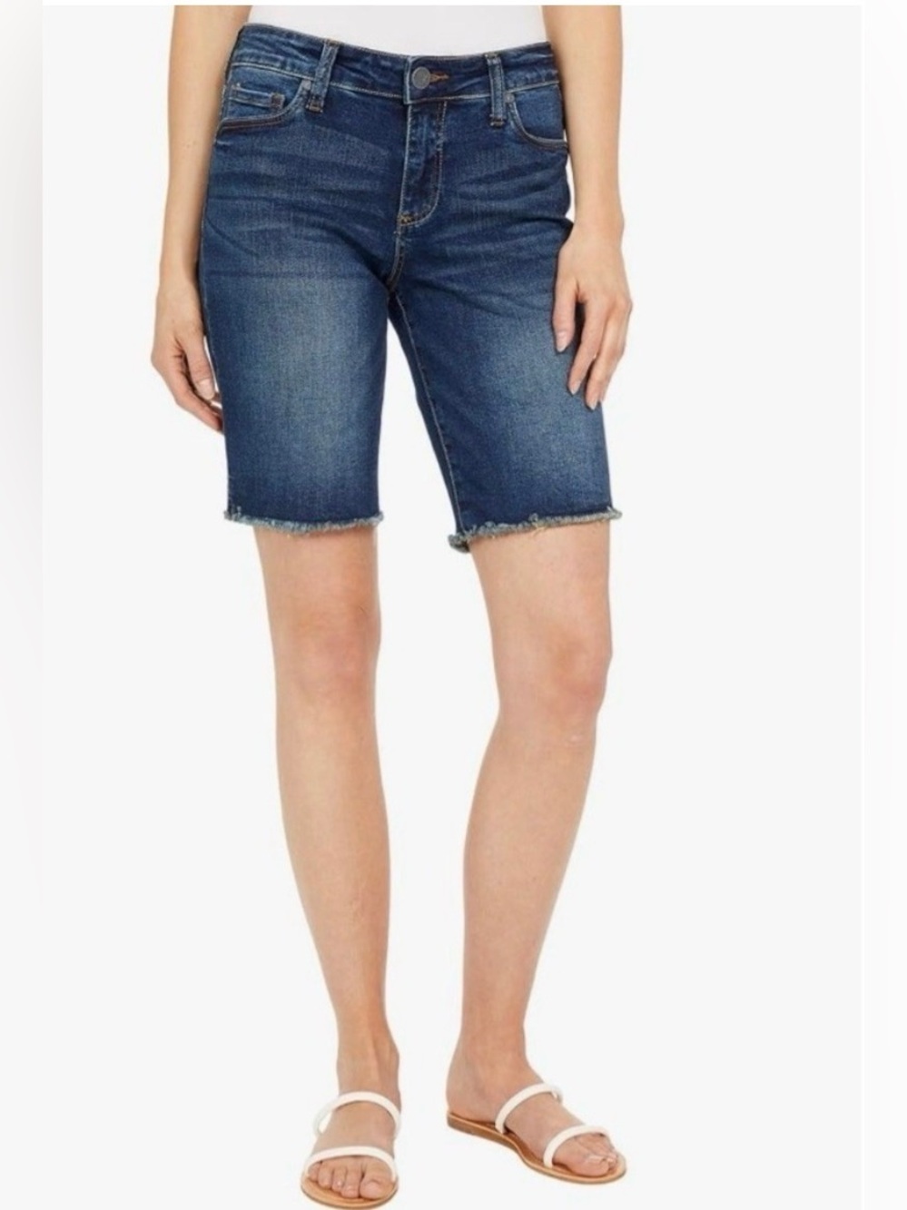 Kut from the Kloth Dark Blue Frayed Hem Denim Natalie Bermuda Shorts